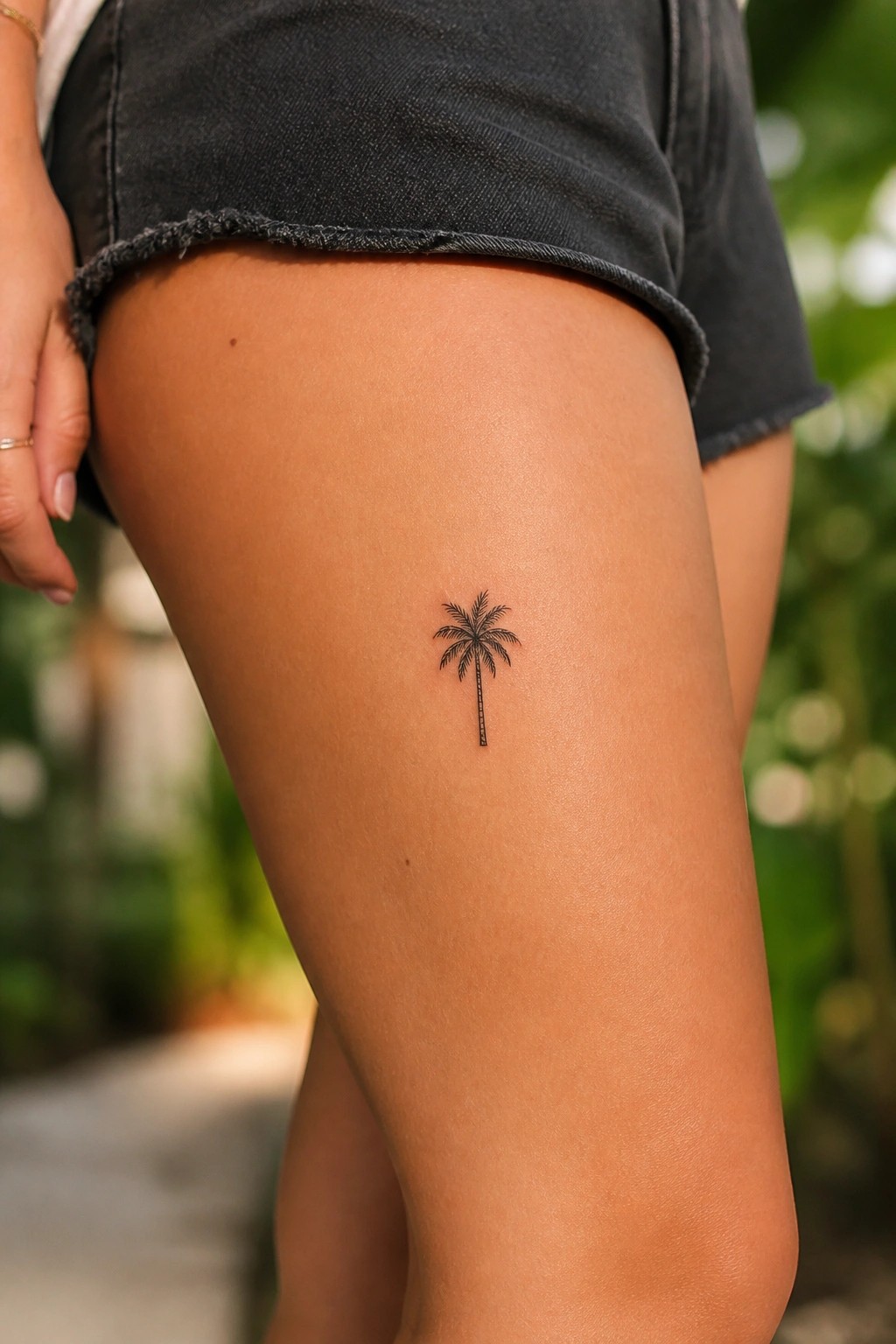 Small black line drawing of a palm tree tattoo on a woman's upper thigh