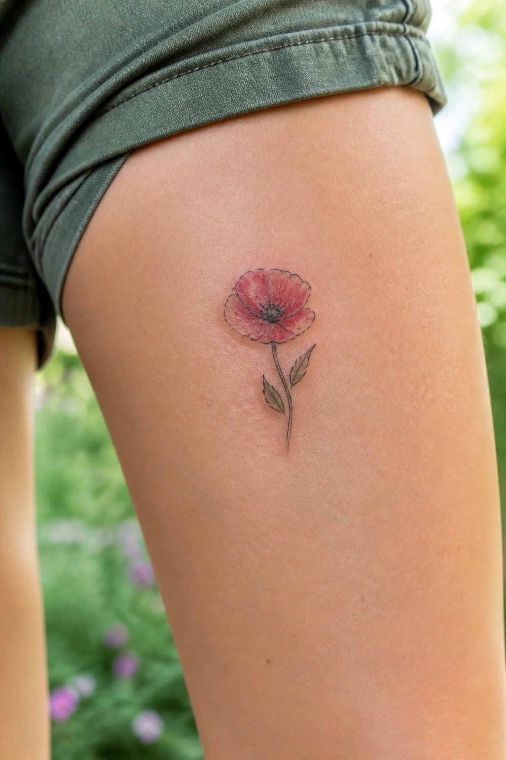 Watercolor red poppy tattoo on thigh beneath green shorts hem