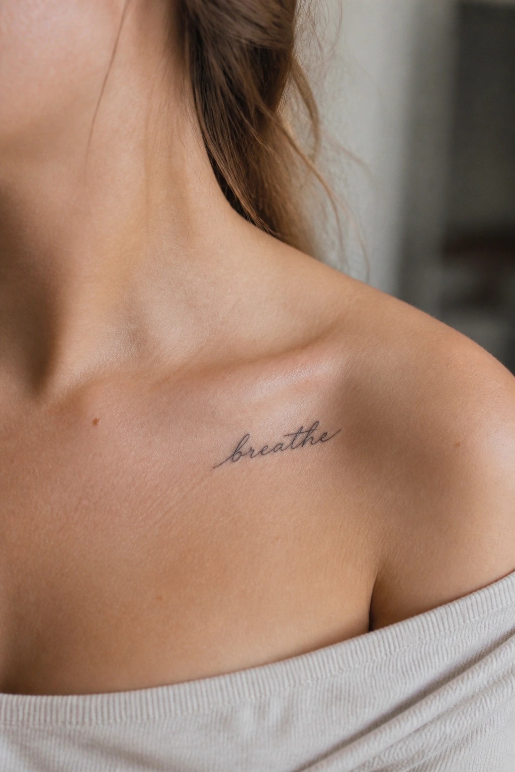 Shoulder with cursive 'breathe' tattoo, brown hair, and beige off-shoulder top.