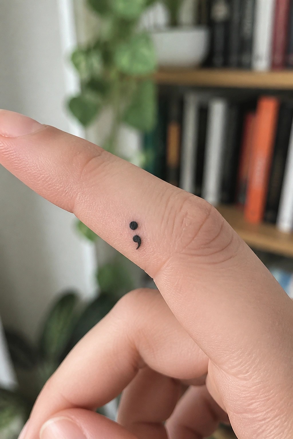 Small black semicolon tattoo on the side of a finger