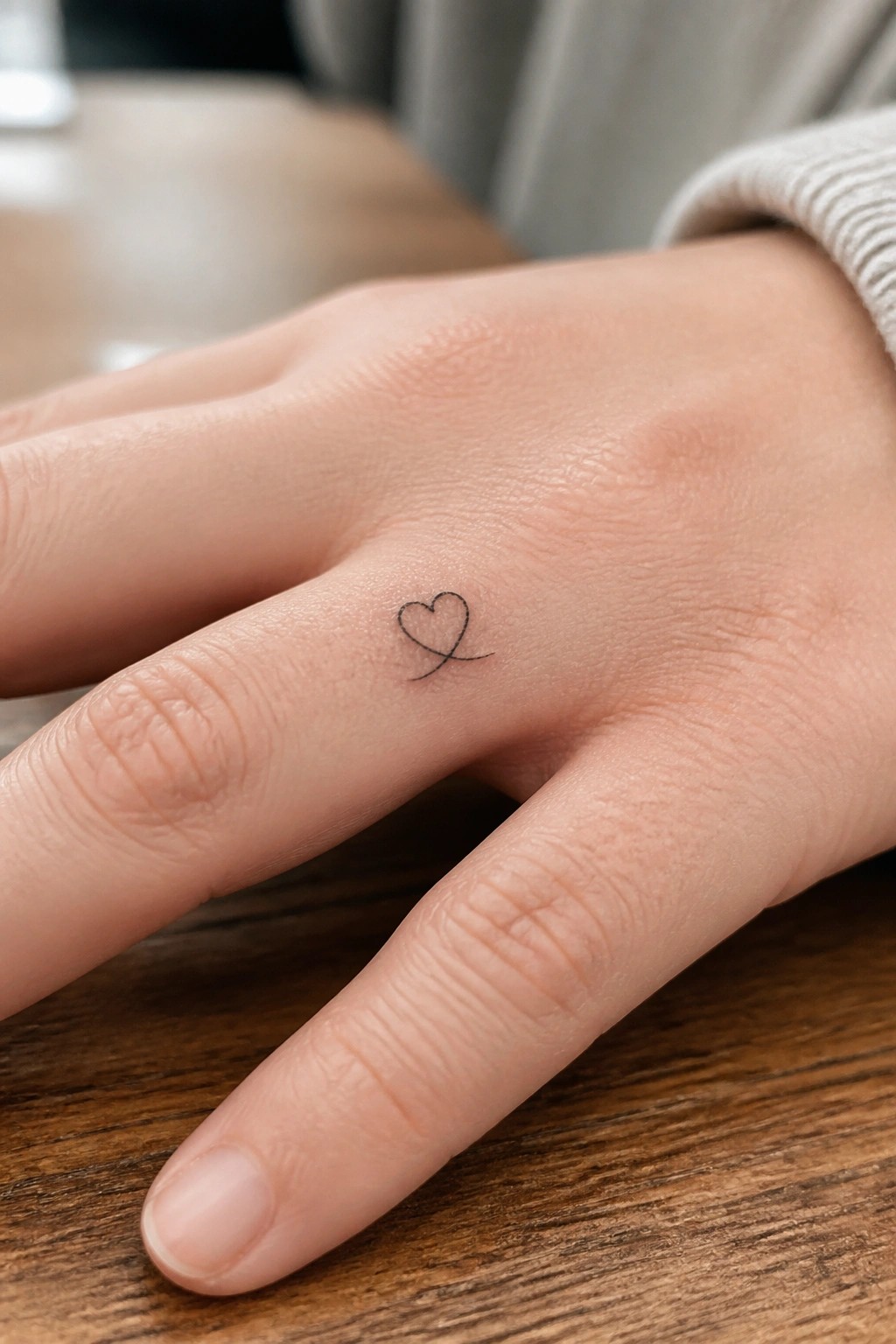 Light-skinned hand with small black heart tattoo, gray sweater sleeve on wooden table.