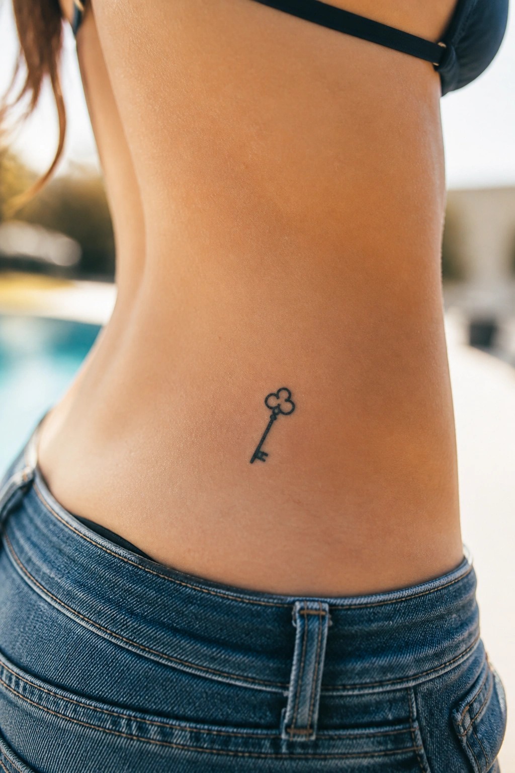 Small black line tattoo of a key with clover top on a woman's lower back above the waistband of blue jeans.