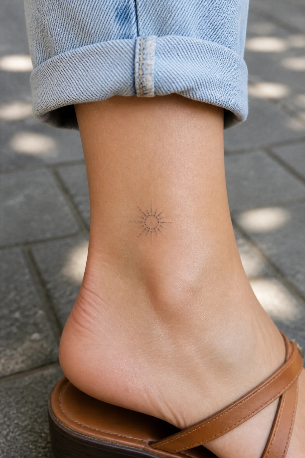 Small sun tattoo on ankle above brown sandal and cuffed blue jeans