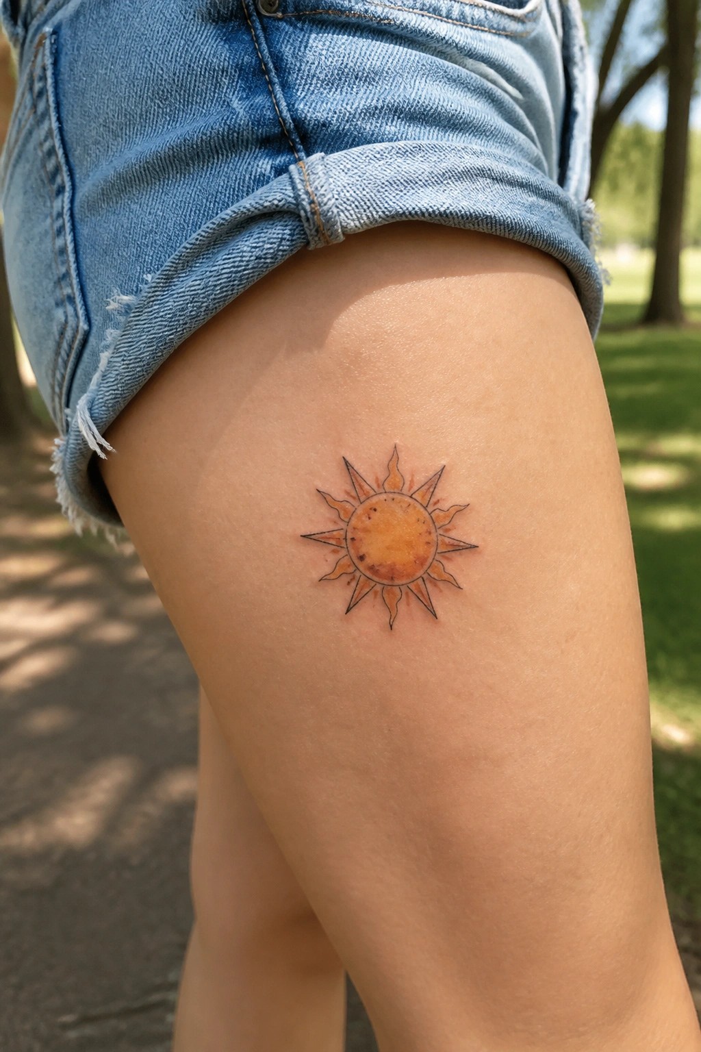 Vibrant orange sun tattoo on thigh under blue cutoff denim shorts outdoors.