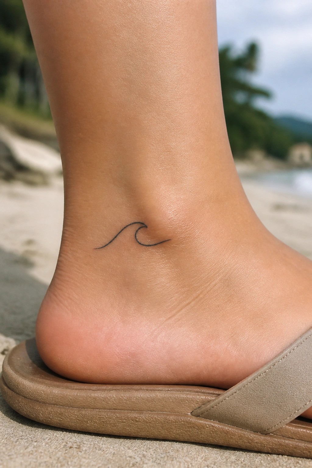 Minimalist black wave tattoo on ankle above beige sandal on beach sand.