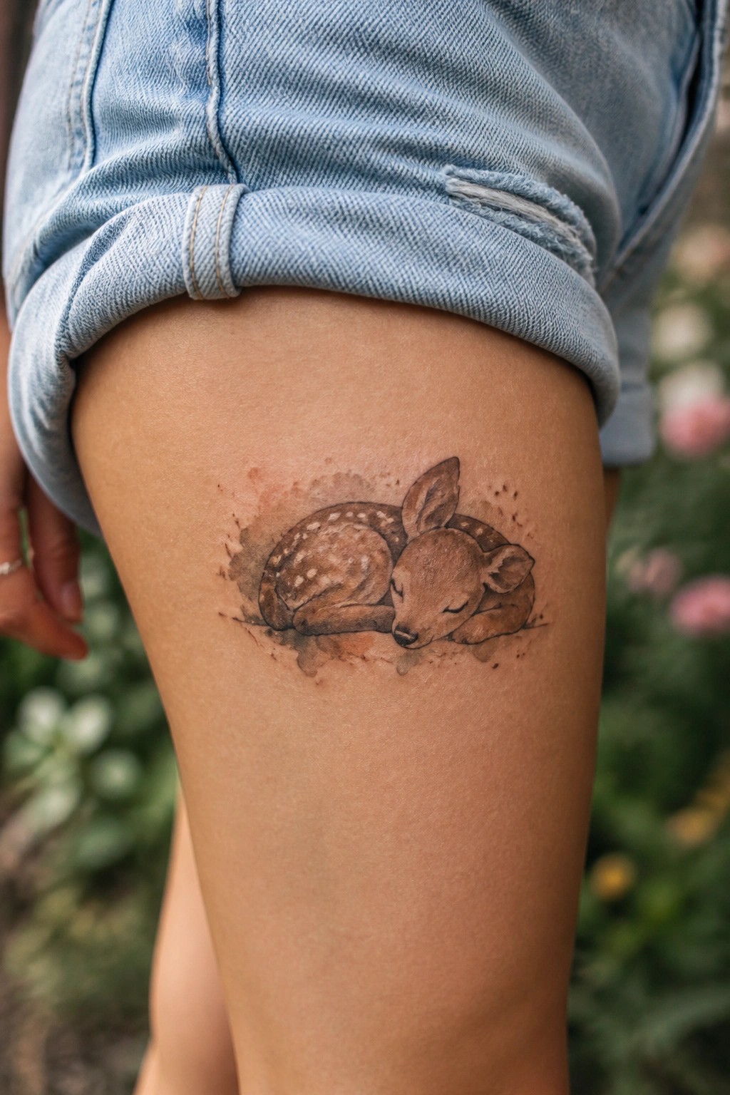 Small watercolor tattoo of a sleeping fawn curled on a person's thigh under denim shorts.