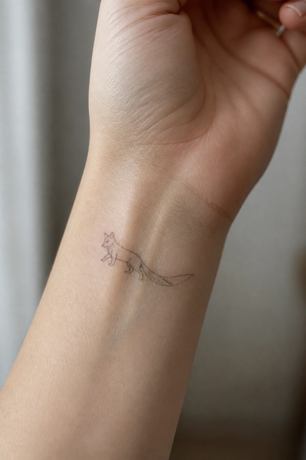 Fine line fox tattoo on the inner wrist