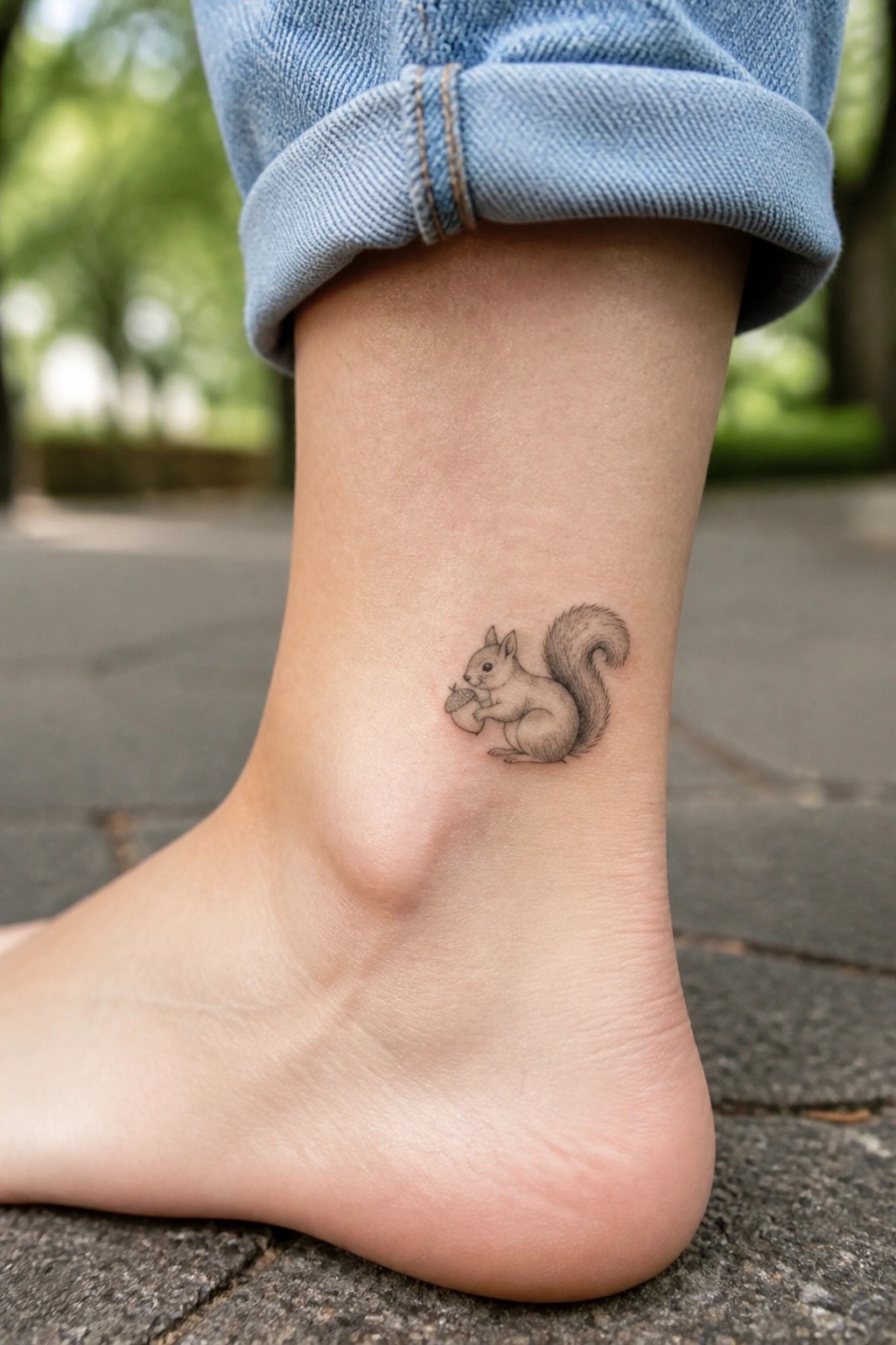 Small realistic squirrel tattoo on the ankle holding an acorn in black and grey ink
