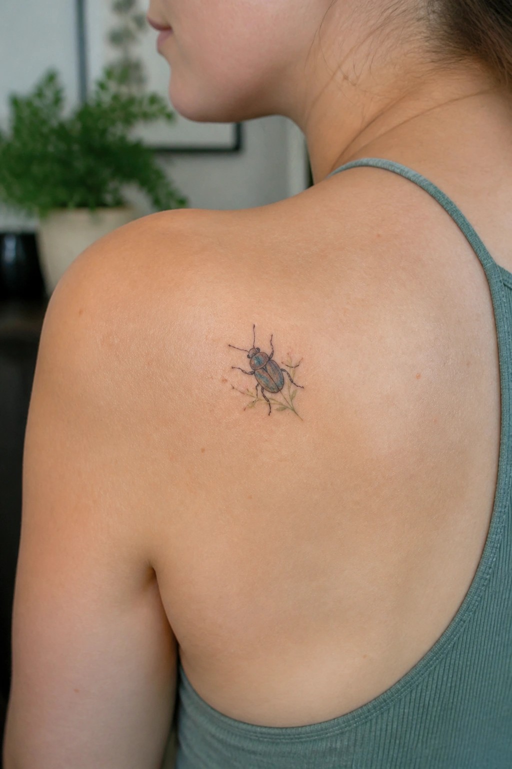 Woman's shoulder with iridescent beetle tattoo above green ribbed tank top.
