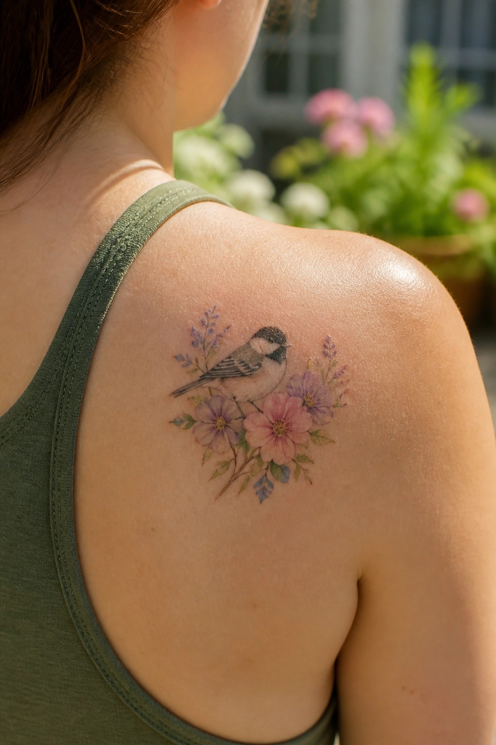 Small chickadee tattoo with pink and purple flowers on the shoulder of a person wearing a green tank top.