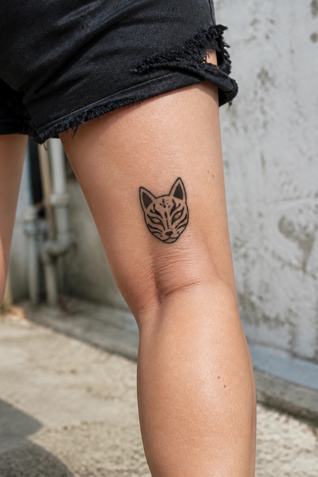 Black frayed denim shorts with fox face tattoo on thigh.