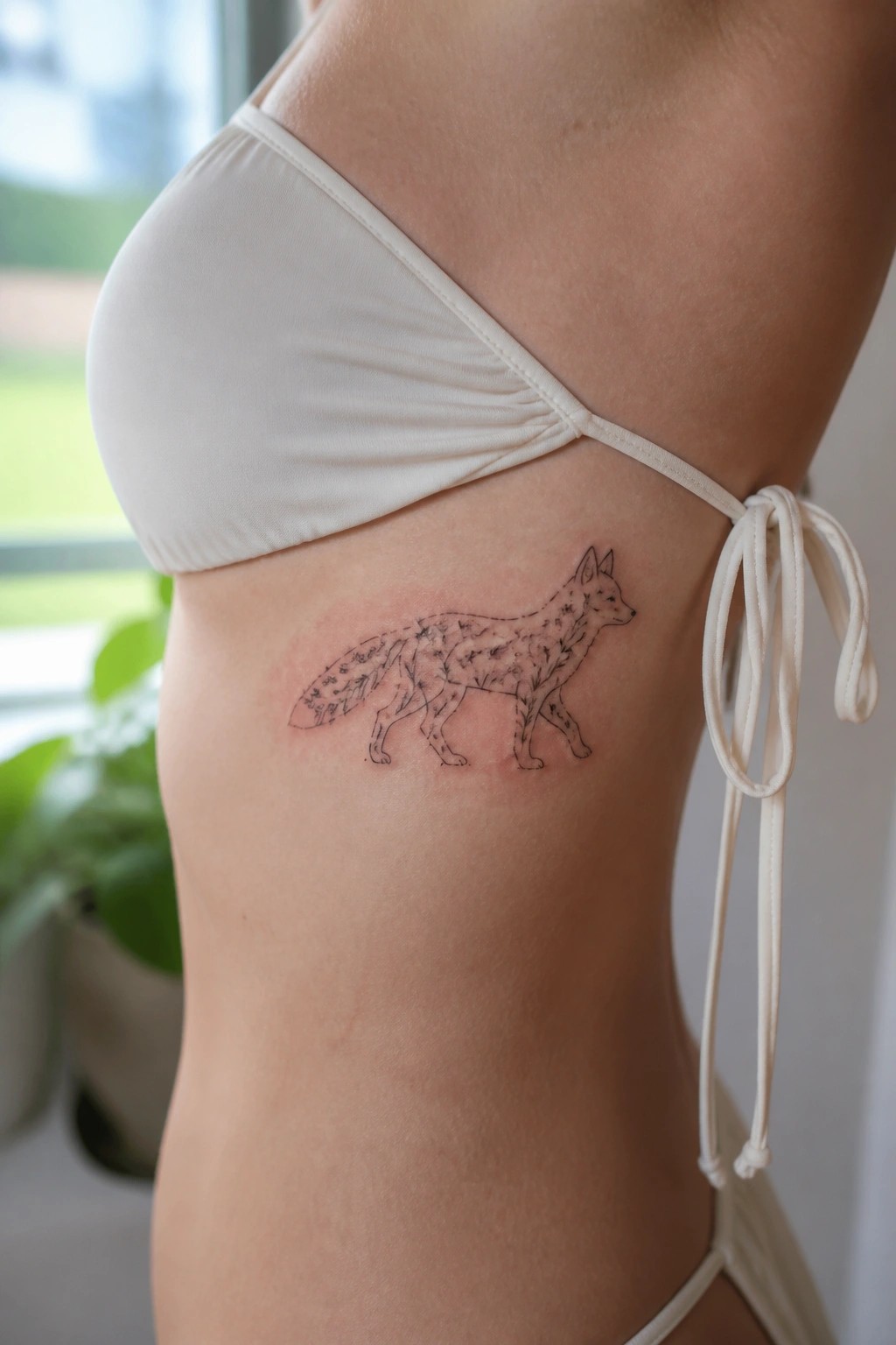 Fresh fox tattoo on torso beneath white string bikini top