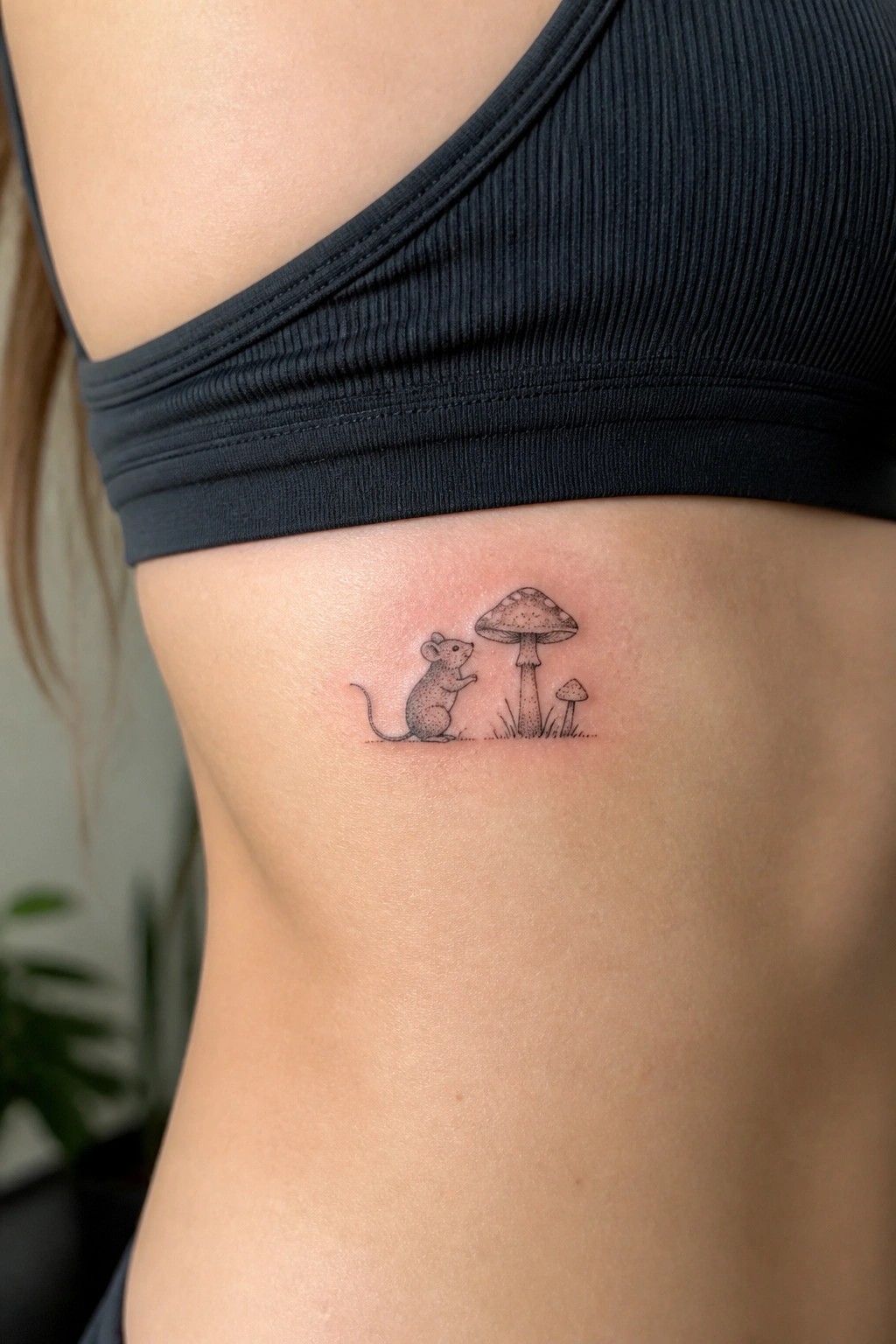 Black ribbed top above small black-ink tattoo of mouse and mushrooms on skin.