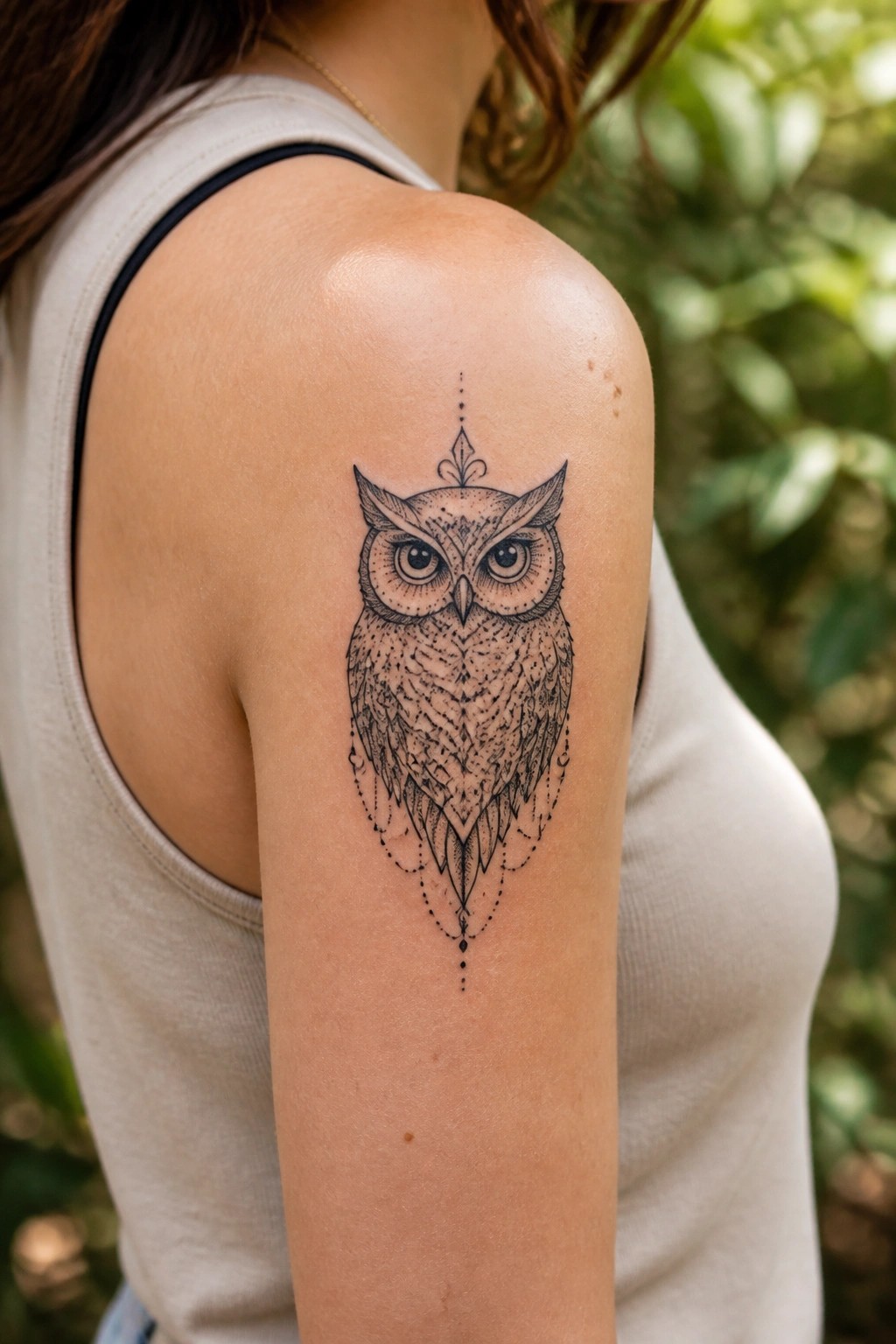 Detailed black owl tattoo on shoulder of woman in beige tank top