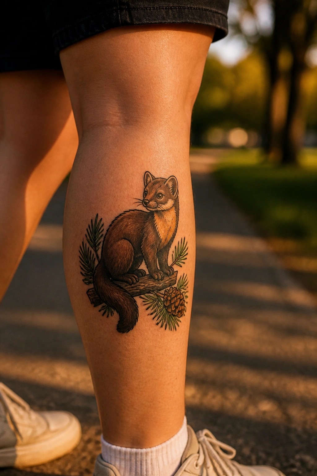 Leg with pine marten tattoo on branch amid evergreens, black shorts and white sneakers outdoors