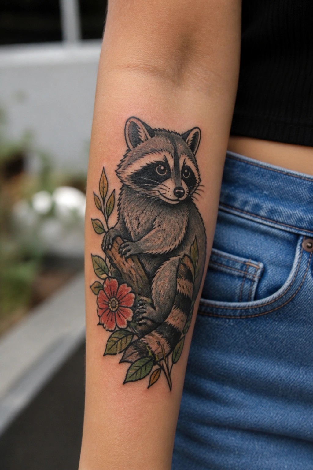 Raccoon tattoo with red flower and leaves on forearm beside blue jeans