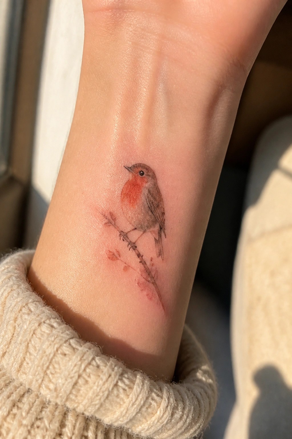 Delicate robin tattoo on wrist perched on branch above cream knit sweater.