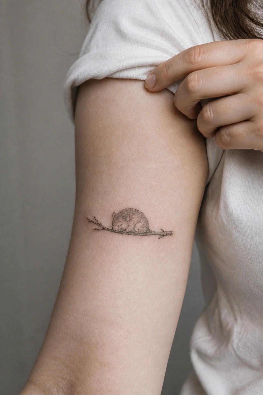Person's upper arm in white shirt displays mouse on branch tattoo.