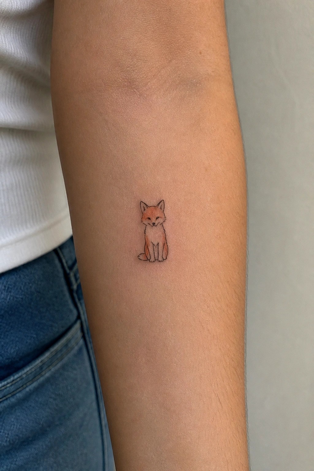 Small sitting fox tattoo with light orange shading on the inner forearm