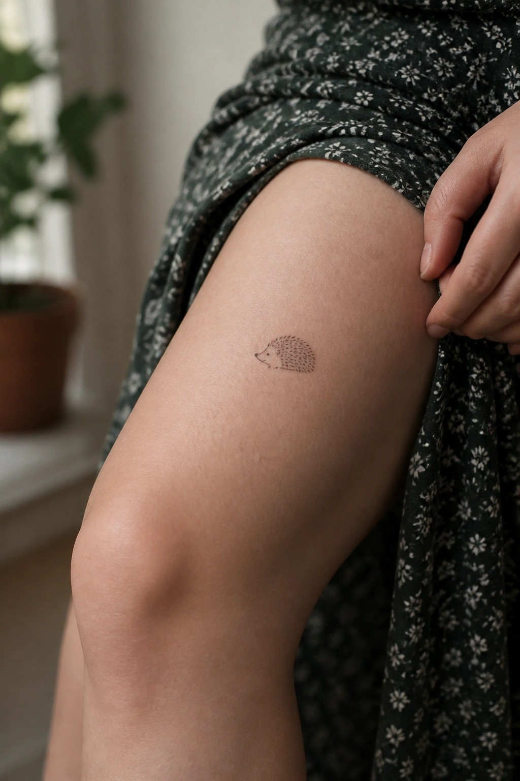Tiny hedgehog tattoo on thigh beneath lifted green floral dress skirt