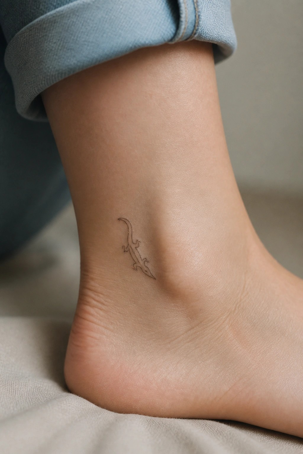 Small lizard tattoo on ankle below rolled cuff of blue jeans.
