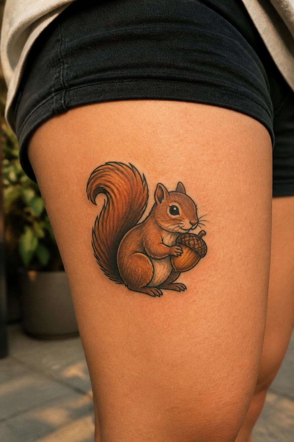 Brown squirrel tattoo holding acorn on thigh below black shorts