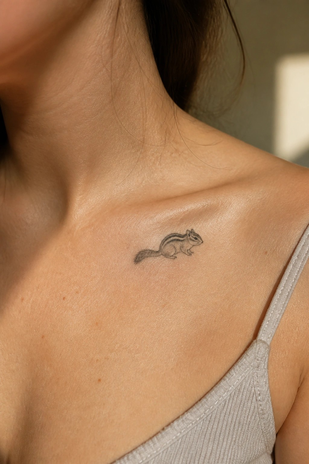 Tiny realistic chipmunk tattoo in black ink on the collarbone of a person in a light gray top