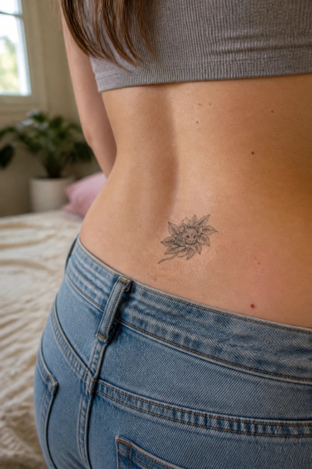 Small fine line tattoo of a mouse surrounded by leaves on the lower back above blue jeans.