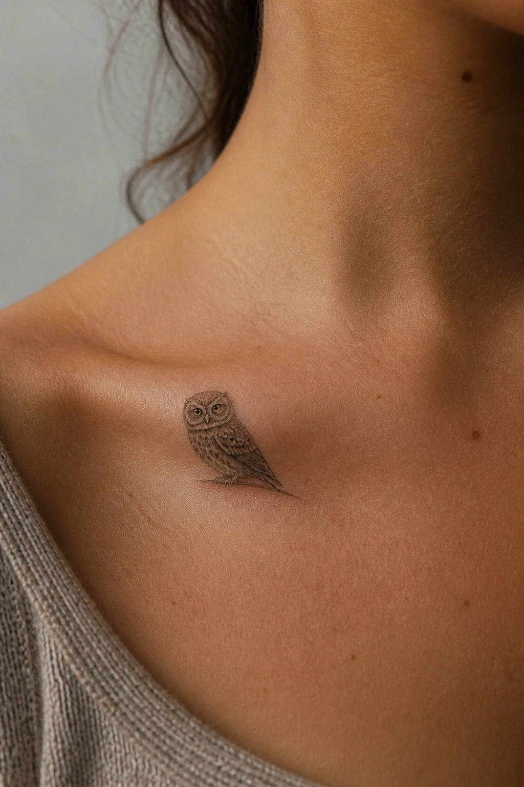 Small black and gray owl tattoo on the collarbone of a person wearing a beige top.