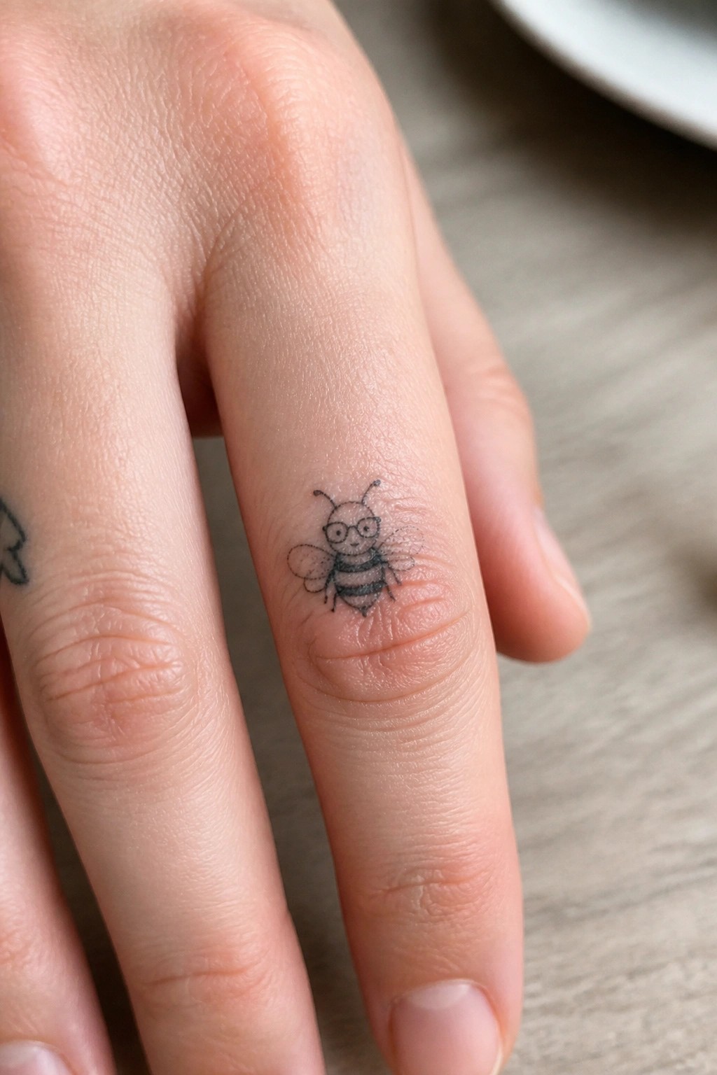 Tiny bee with glasses black ink tattoo on light-skinned finger