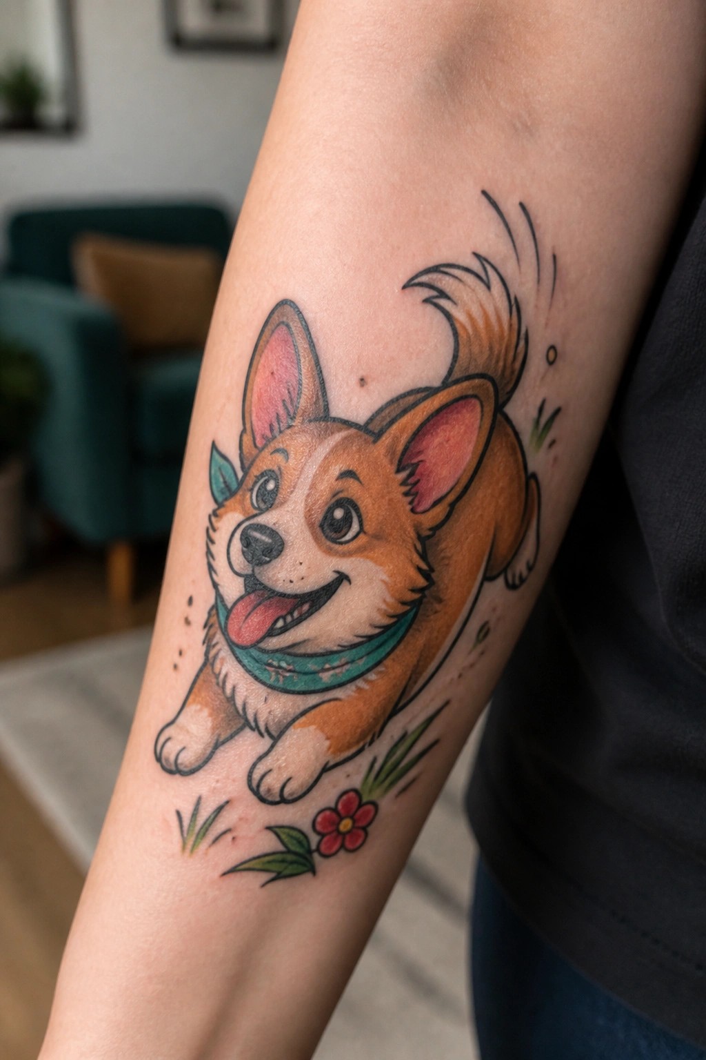 Colorful cartoon corgi tattoo on the forearm in a running pose with bandana and wagging tail