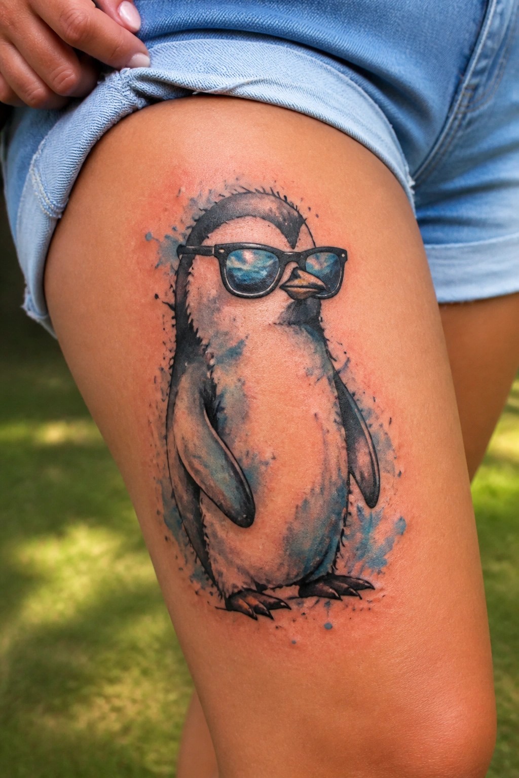 Penguin with sunglasses watercolor tattoo on thigh under blue denim shorts.