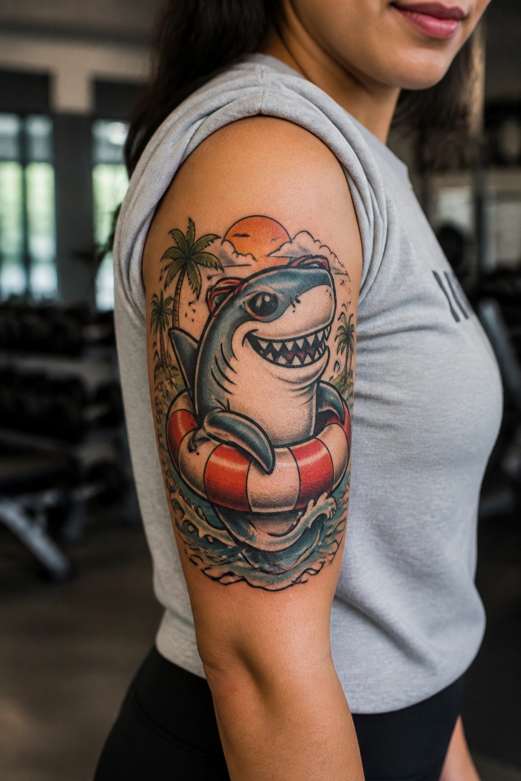 Traditional style tattoo of a smiling shark wearing a life preserver on an upper arm with palm trees and sunset behind it