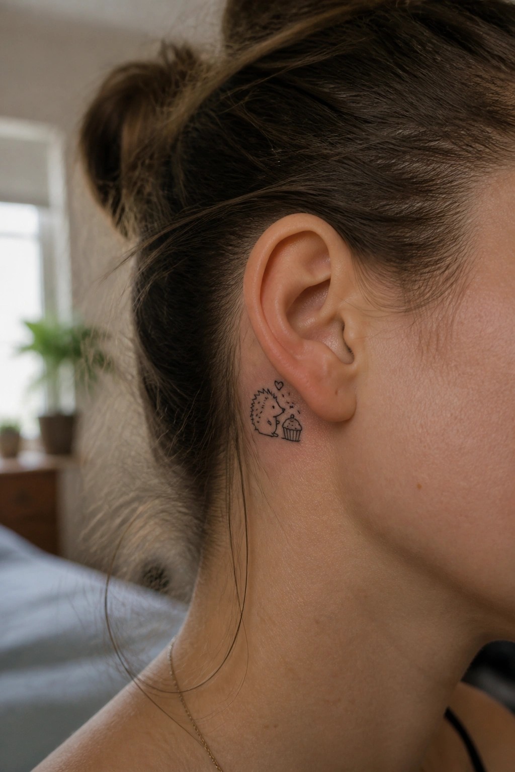 Woman with brown hair in bun and hedgehog cupcake tattoo behind ear