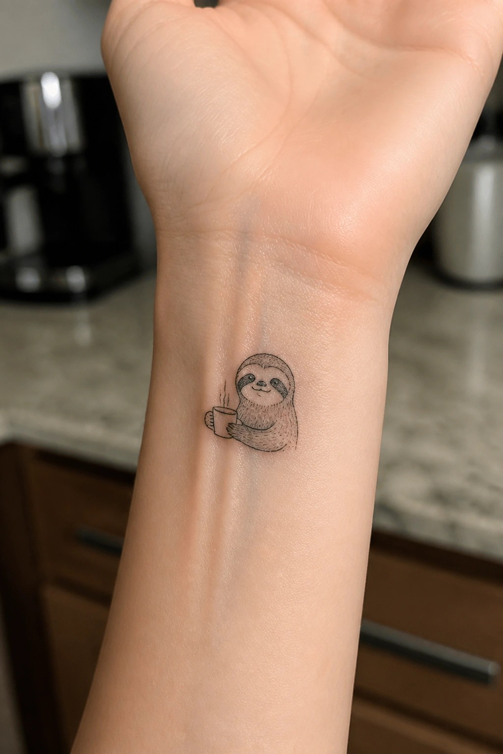 Black ink sloth tattoo on wrist holding steaming coffee cup
