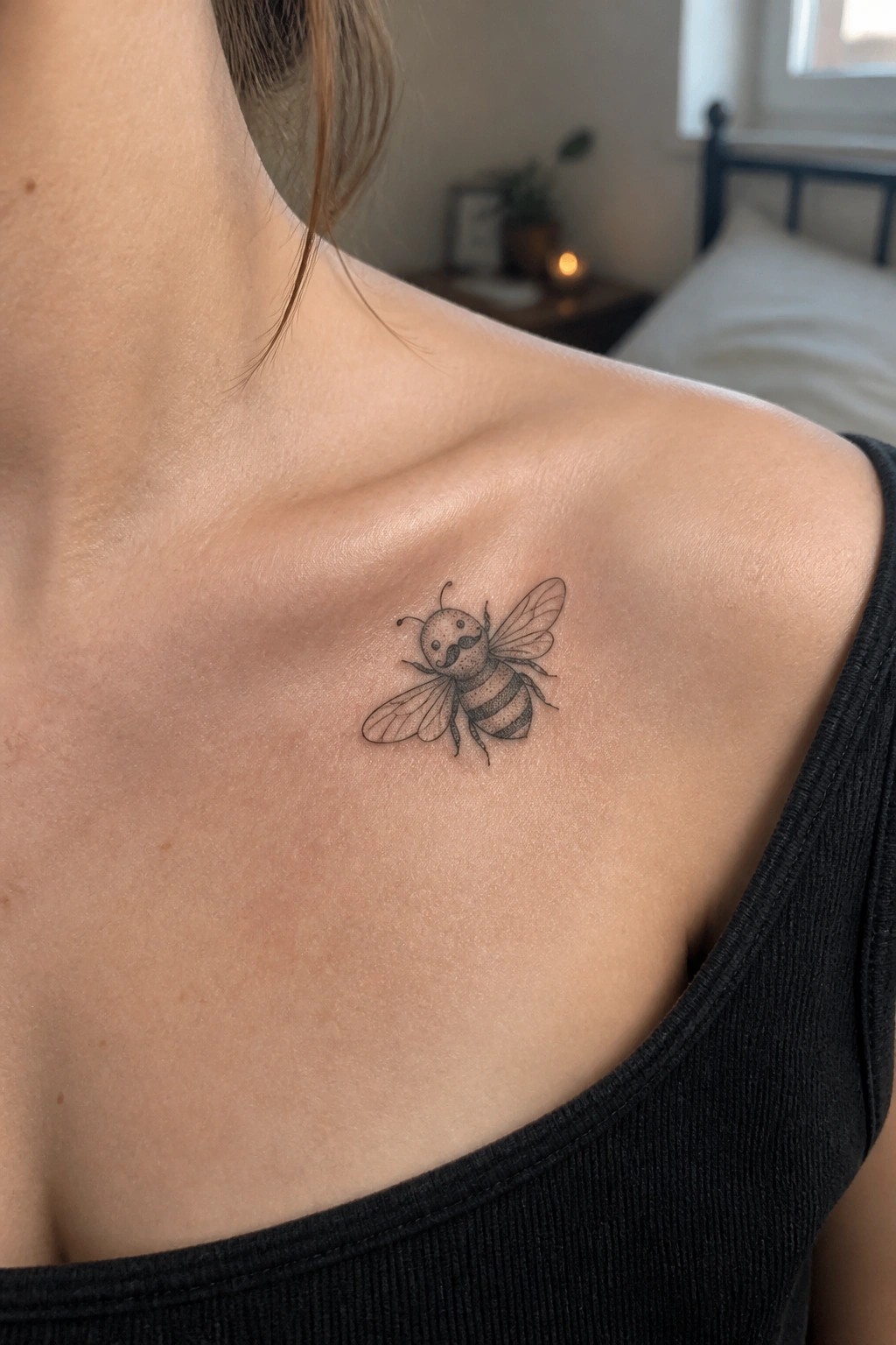 Bee tattoo with mustache on shoulder above black tank top