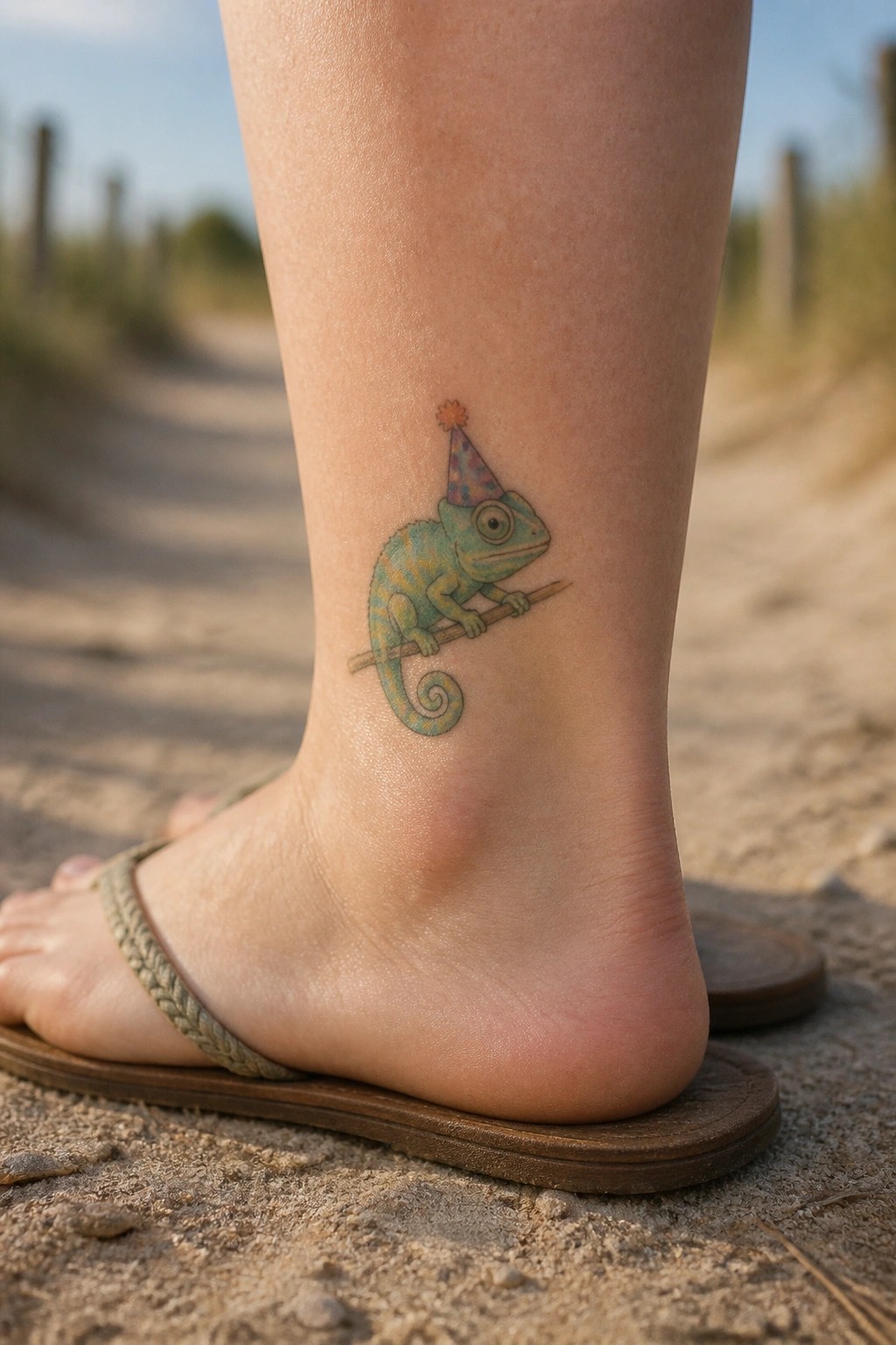 Colorful chameleon in party hat tattoo on ankle above woven flip-flop sandal