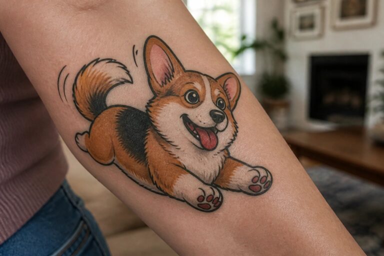 24 Fun Funny Animal Tattoos Full of Playful Personality Colorful cartoon corgi tattoo on the forearm in a running pose with bandana and wagging tail
