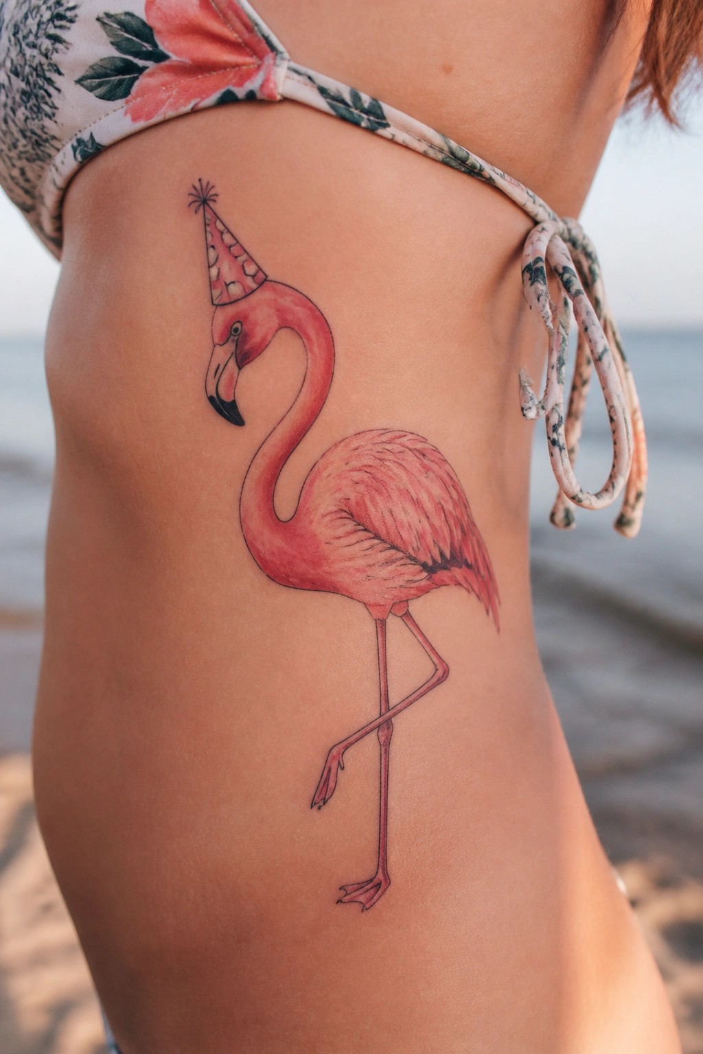 Pink flamingo with party hat tattoo on side in floral bikini at beach