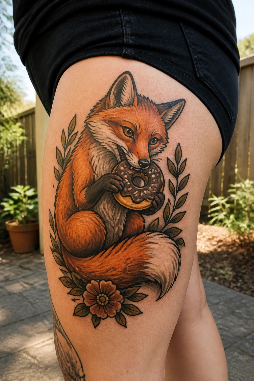 Orange fox tattoo holding donut amid leaves and flower on thigh.