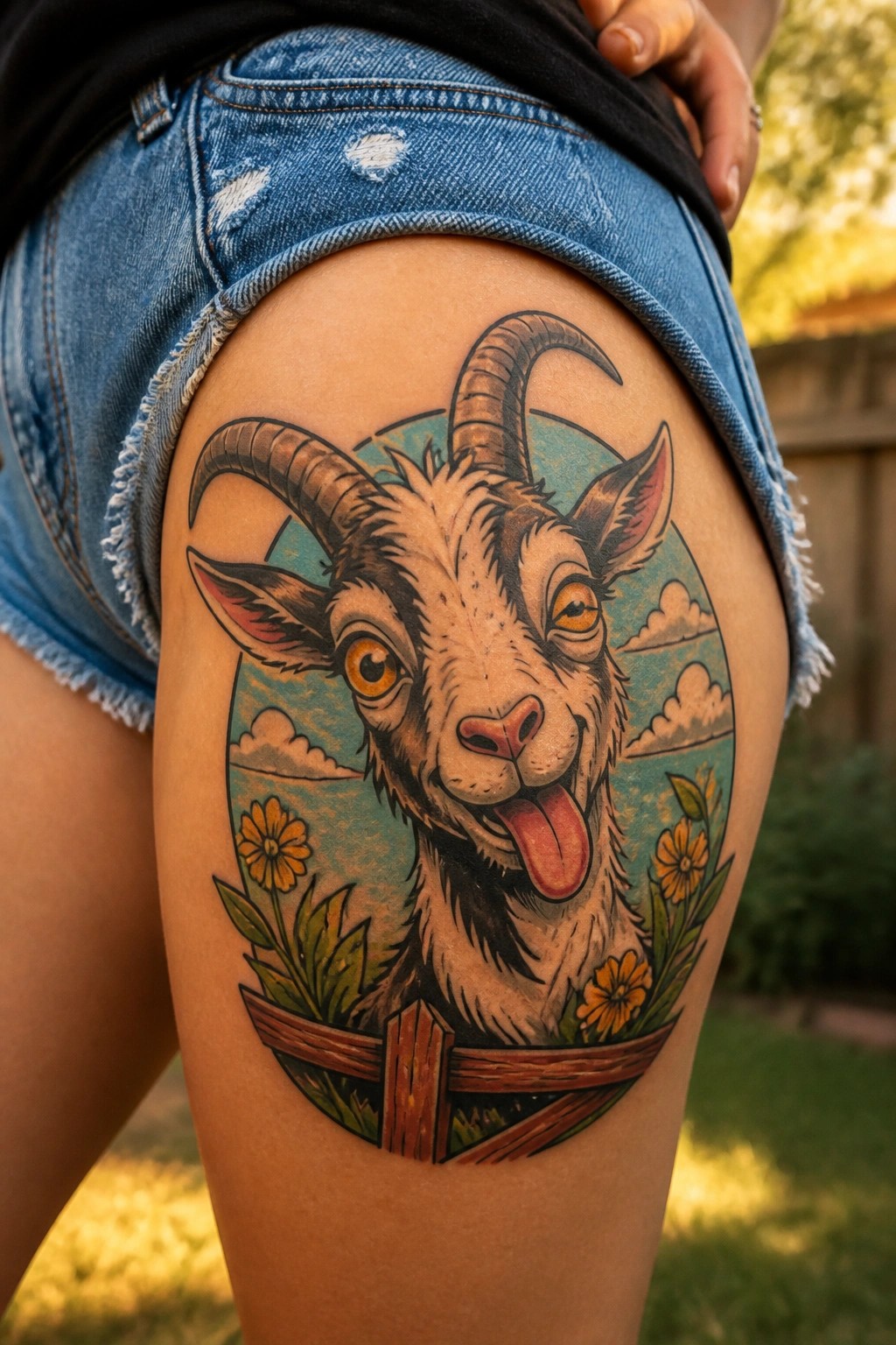 Colorful goat tattoo on thigh with horns, tongue out, flowers, and fence under denim shorts
