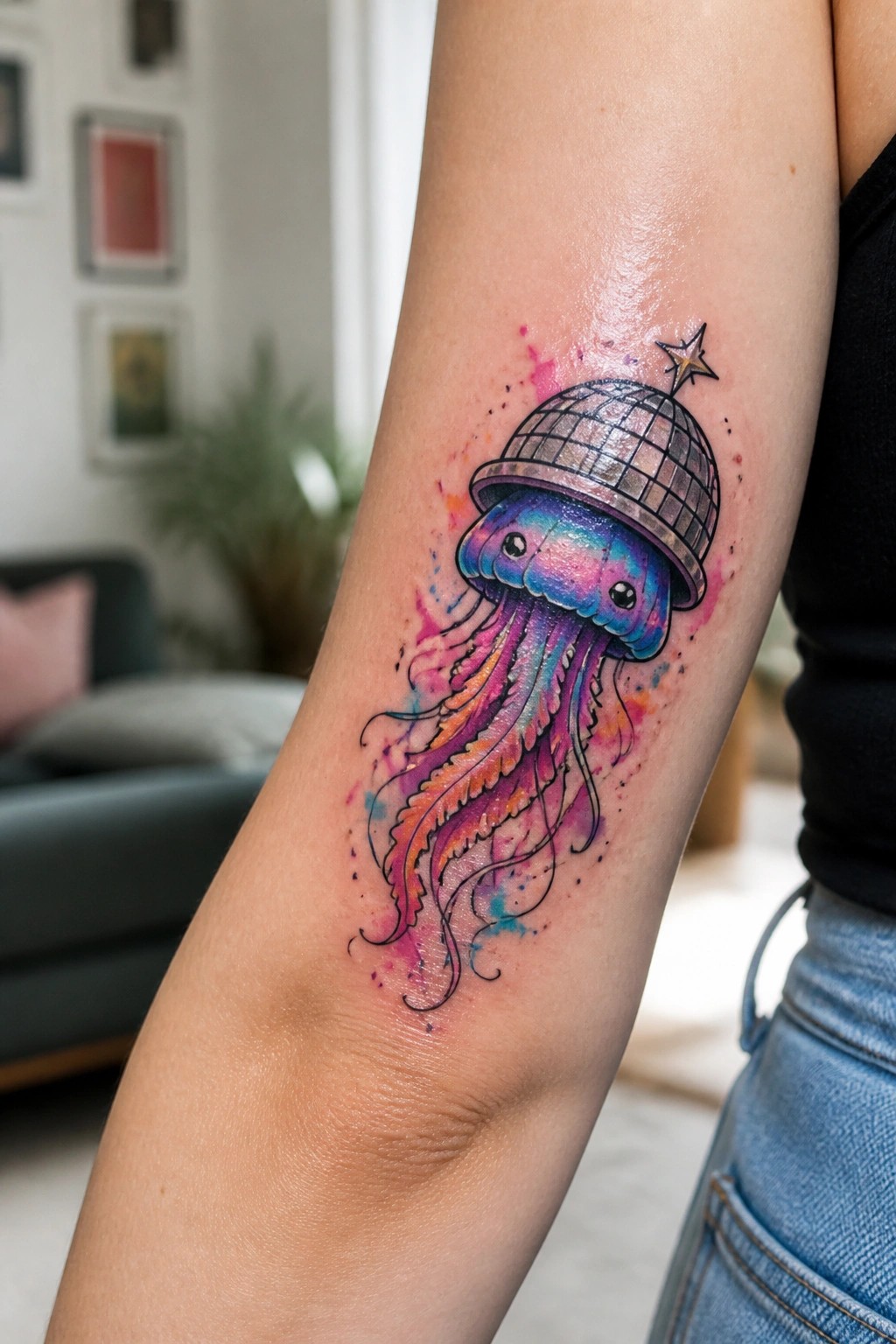 Watercolor jellyfish tattoo with a disco ball hat on the forearm