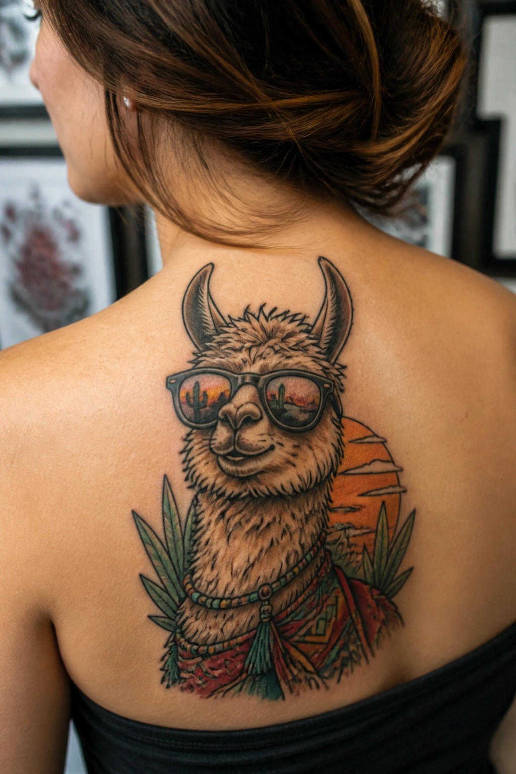 Vibrant llama tattoo wearing sunglasses with desert sunset on woman's upper back