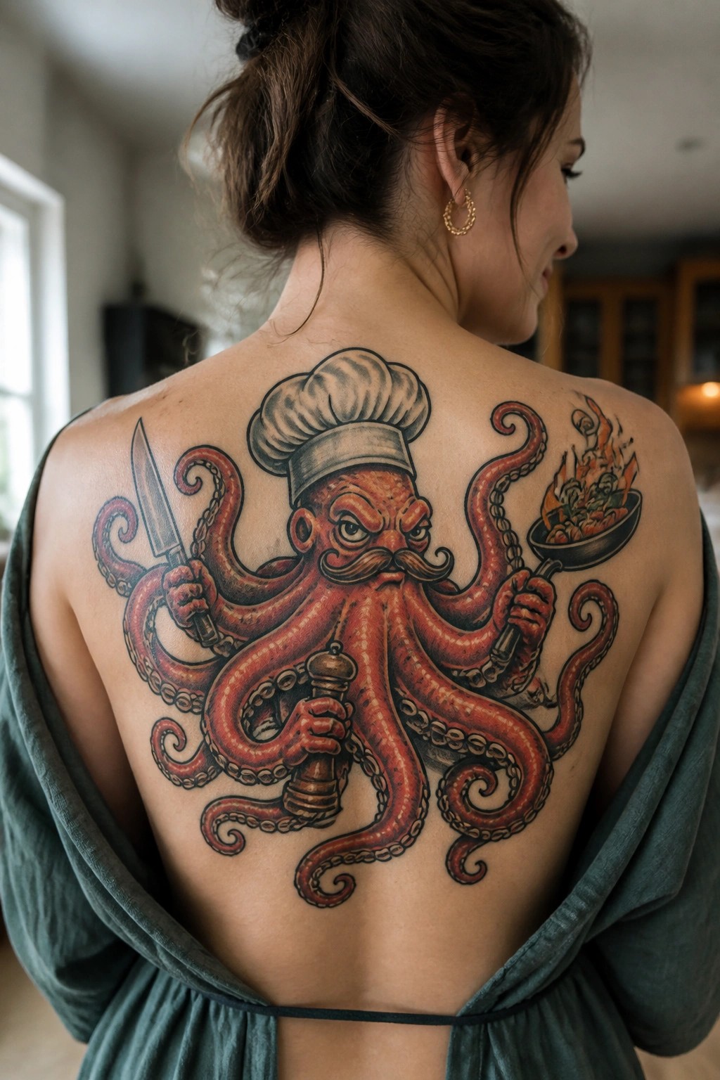 Woman's back shows large red octopus chef tattoo with knife and flaming pan.