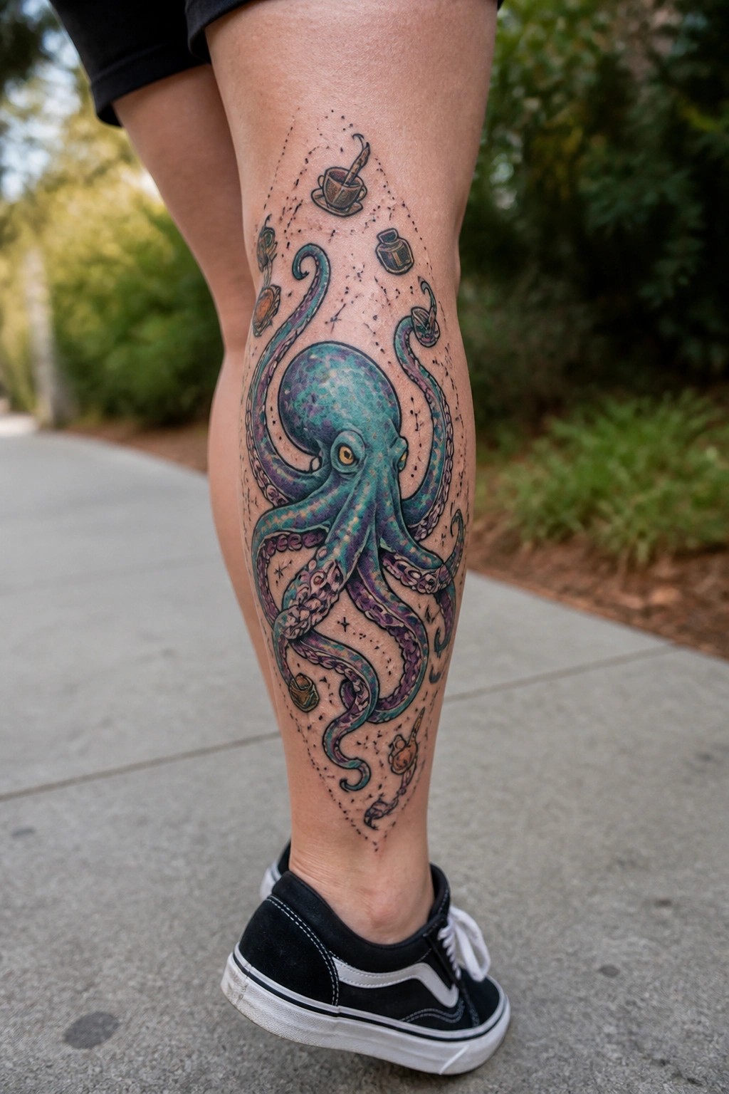 Vibrant octopus tattoo with coffee icons on calf above black sneaker