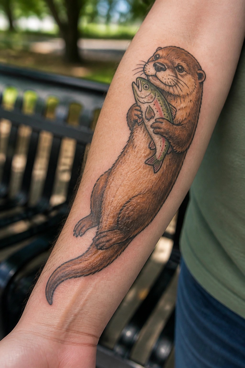 Realistic brown otter clutching colorful fish tattoo on forearm with green shirt