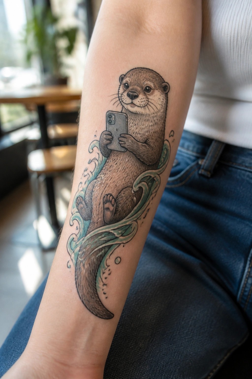 Otter tattoo on forearm holding smartphone amid teal swirling waves in jeans