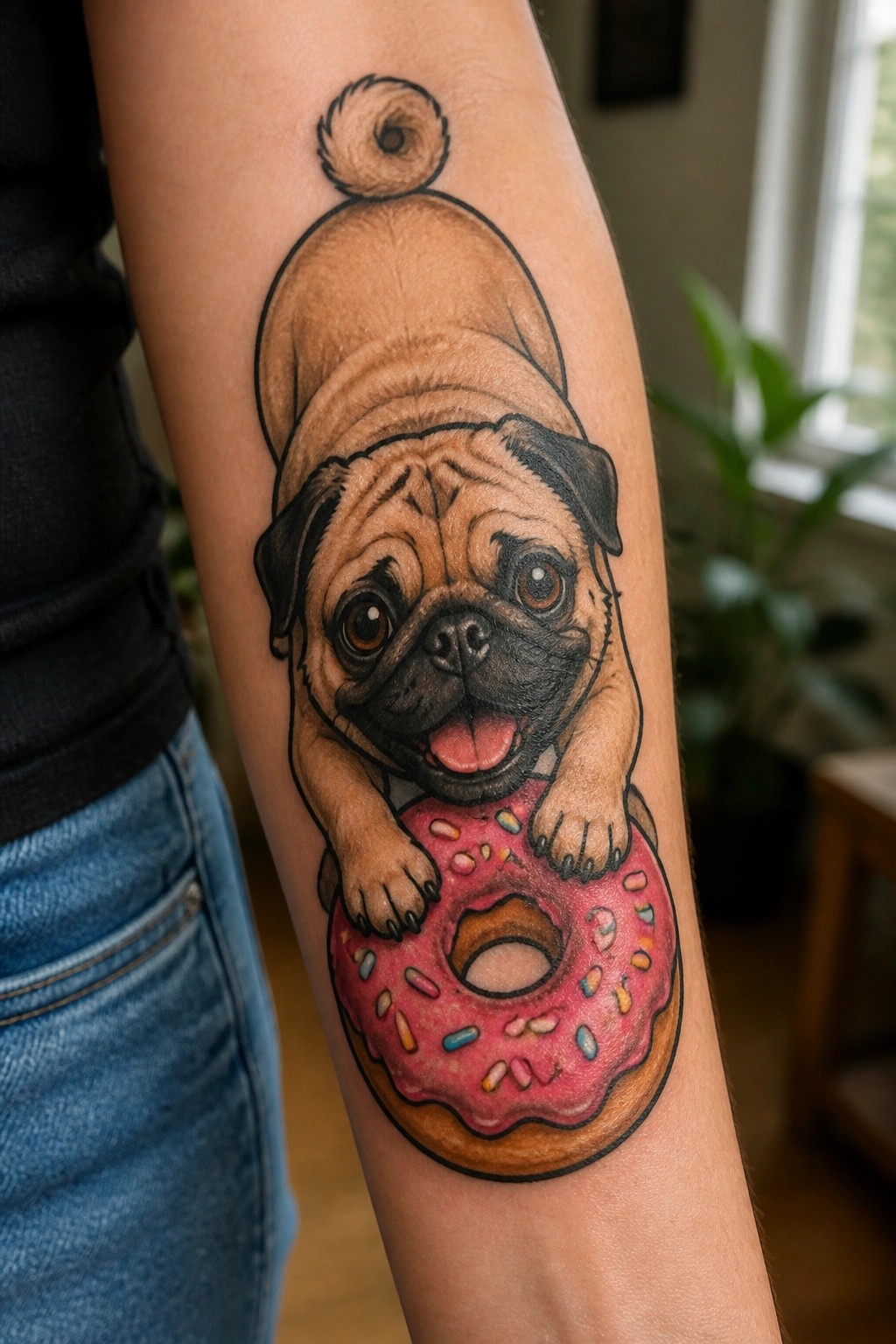 Realistic color tattoo of a pug with paws on a pink donut placed vertically on an arm