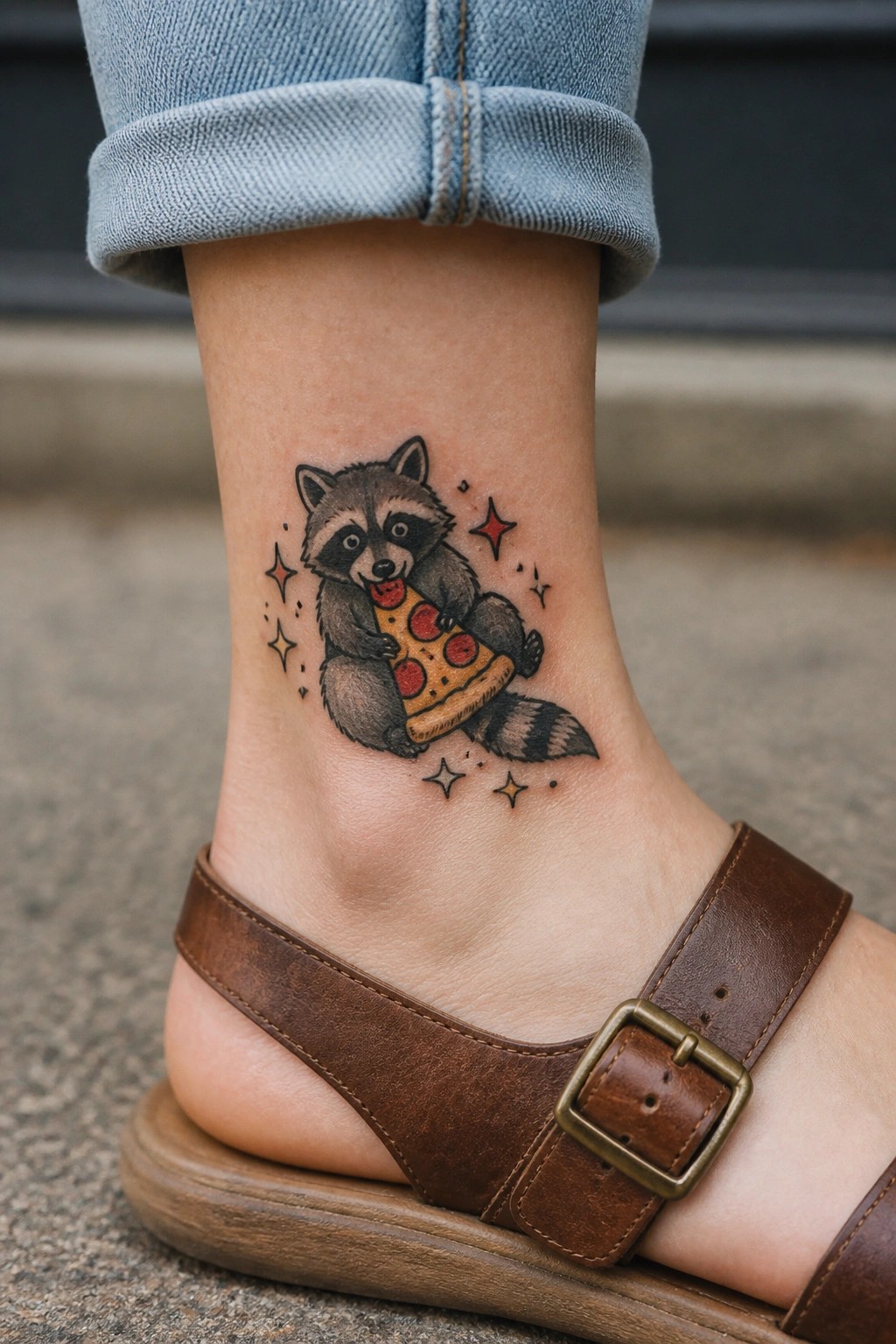 Raccoon eating pizza tattoo on ankle with cuffed jeans and brown sandal