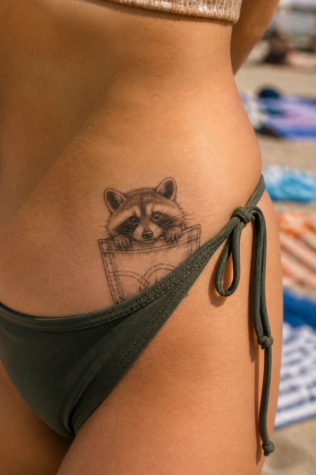 Raccoon tattoo peeking from pocket on hip above green bikini tie